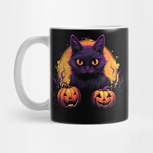 Cartoon Halloween Black Cat with Pumpkins Mug